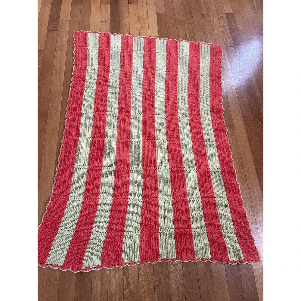 Handmade Crochet Striped Afghan Blanket Lap Throw 71x50 Coral Green Cottage